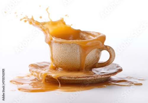 An eye-level shot shows a beige, textured ceramic cup on a saucer, overflowing with a vibrant, caramel-colored liquid that is splashing outward on a white background