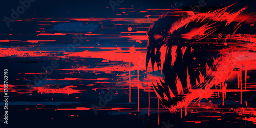 Red and Black Halloween Background with Sharp Teeth Monster in Abstract Horror Style