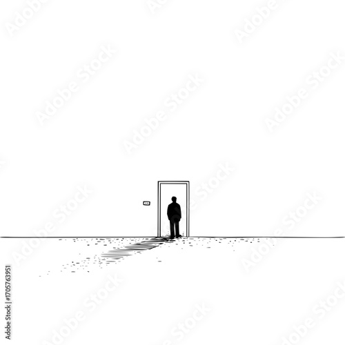 Silhouette of a person standing in a doorway with a long shadow on a stark white background illustration