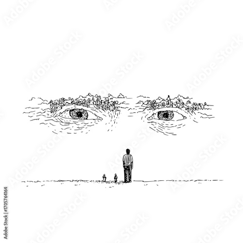 A surreal illustration of a man facing two large eyes with tiny people on the brow line landscape