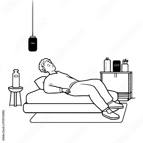 A man sleeping on a bed in a room with a nightstand and lamp in a black and white line drawing style