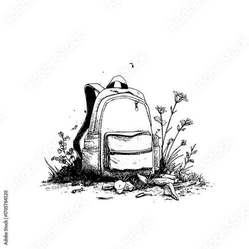 A sketch of a backpack surrounded by grass and flowers with an apple and debris on the ground nearby