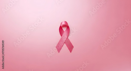 A pink ribbon, a symbol of breast cancer awareness, rests on a gradient pink background.
