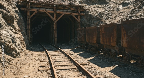 A rustic and aesthetic view of an abandoned mine entrance with weathered wooden beams, railroad tracks, and old rusty ore carts