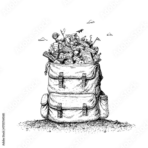 Illustration of an overflowing backpack with various items against a white background under a cloudy sky