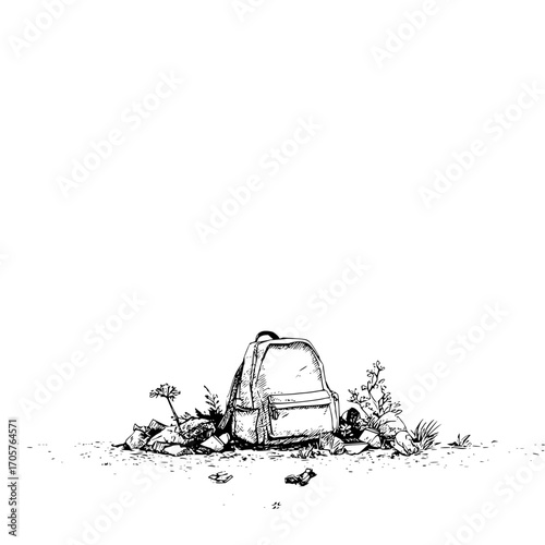 A sketch of a backpack surrounded by foliage and debris on a white background in black and white style