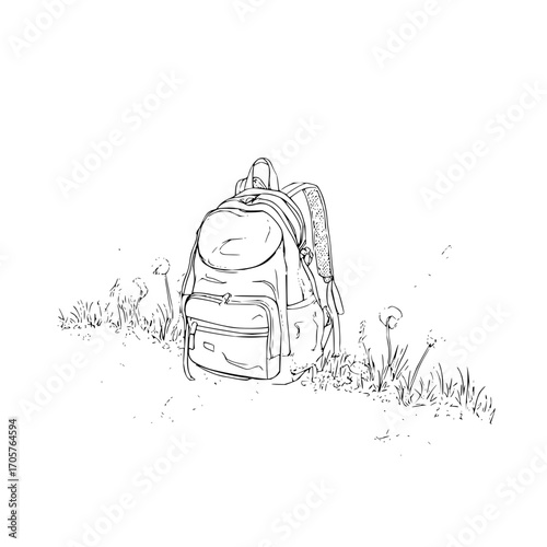 A backpack sits among dandelions and grass in a black and white sketch on a bright white background