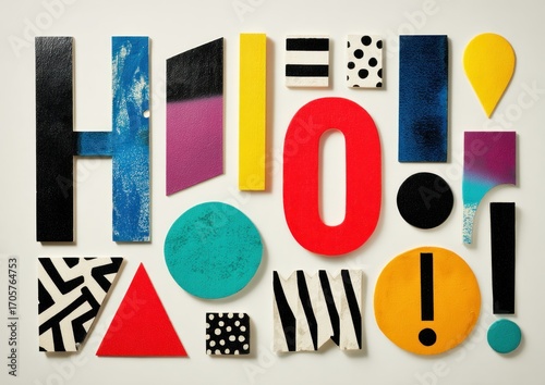 Colorful, geometric letters and shapes spell out a greeting against a plain background, creating a playful and visually striking composition