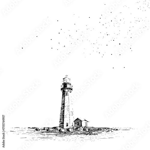 A black and white sketch of a lighthouse with a small building on a rocky shore under a starry sky