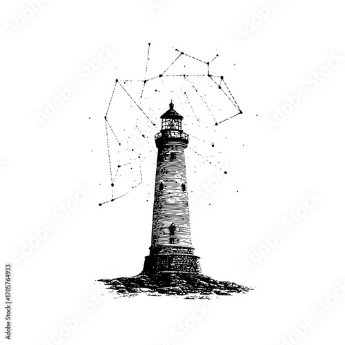 Illustration of a tall lighthouse with a constellation above it in black and white drawing style art