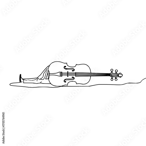 Person lying down with a cello resting on top of them in a simple black and white line drawing