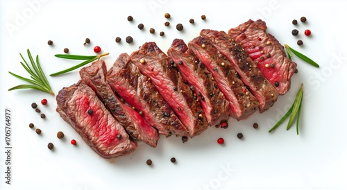 Juicy Grilled Steak Sliced and Garnished With Spices and Herbs on a White Plate
