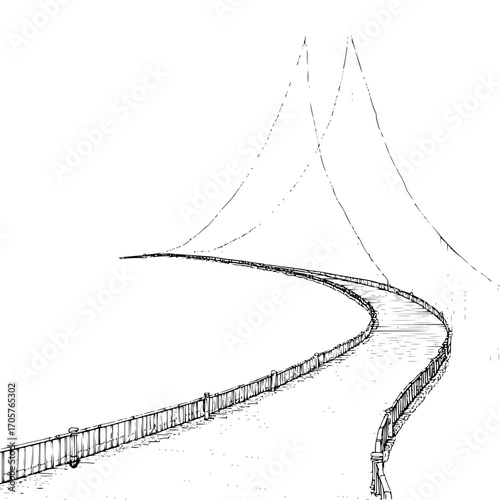 Illustration of a long winding bridge with railings leading to distant mountain peaks in black and white