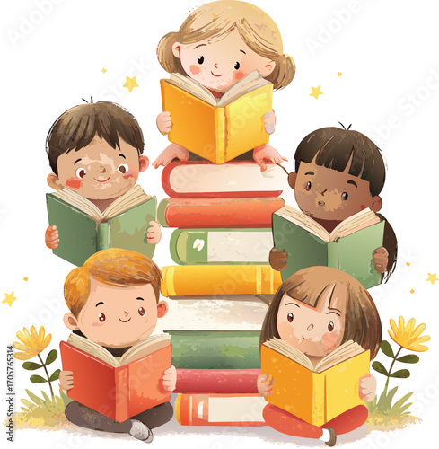 Five diverse children reading books stacked high learning