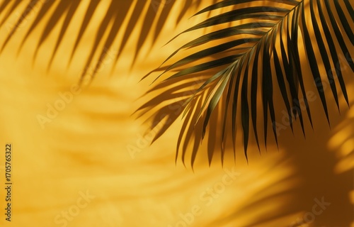 Vibrant Palm Leaves Casting Shadows Against a Bright Yellow Wall in Sunny Out...