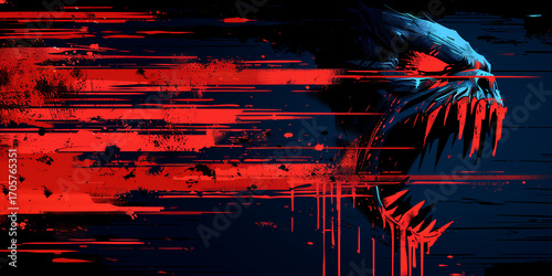 Red and Black Halloween Background with Sharp Teeth Monster in Abstract Horror Style