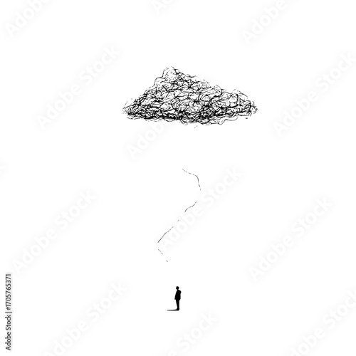 A lone figure standing under a scribbled cloud with lightning on a stark white background in monochrome art