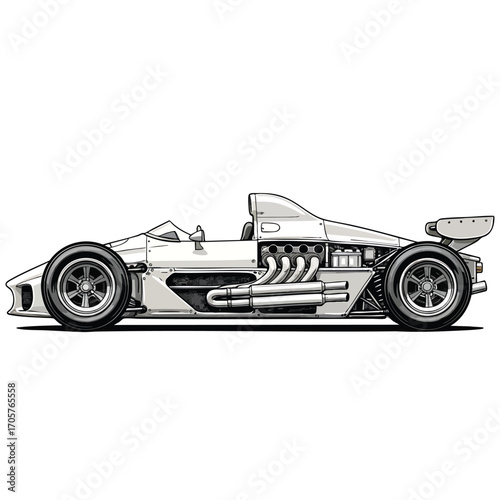 Classic openwheel Grand Prix race car with an exposed engine side profile illustration.