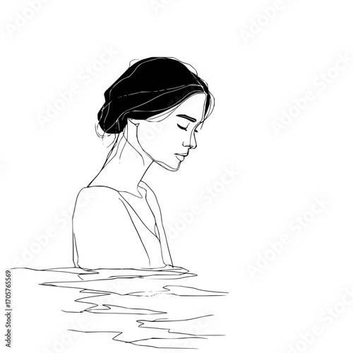 A minimalistic line art drawing of a woman in water with her eyes closed and dark hair styled up nicely