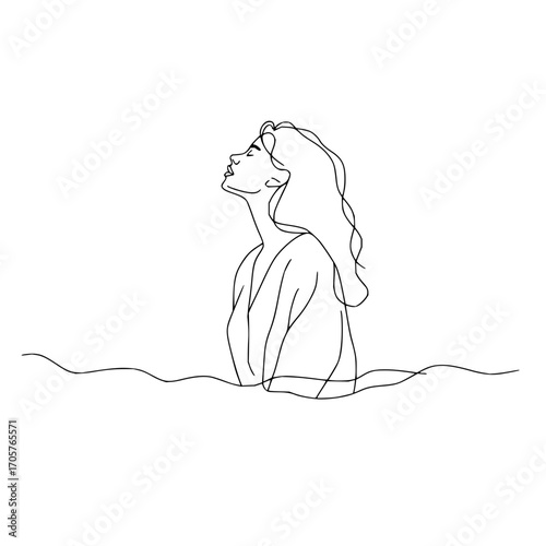 Line art of a woman with long hair looking up while partially submerged in water with wavy lines below her