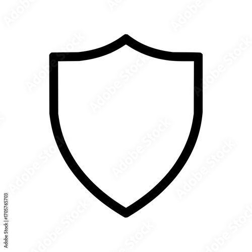 A simple outline of a shield with a curved top and pointed bottom on a white background for protection use