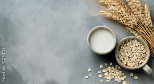 Oats and Milk in Rustic Bowls With Wheat on a Gray Background in a Cozy Kitch...