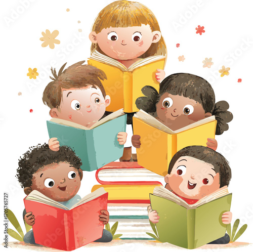 Diverse children reading books stacked on top of each other