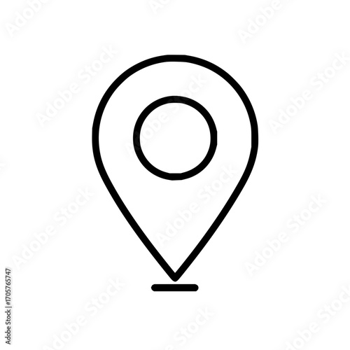 Black outlined location pin with a circle inside the top portion on a white background location marker