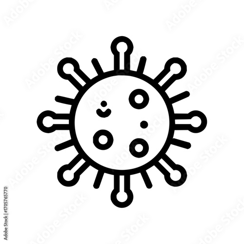 Illustration of a black and white virus cell with spikes and internal circular structures shown in detail