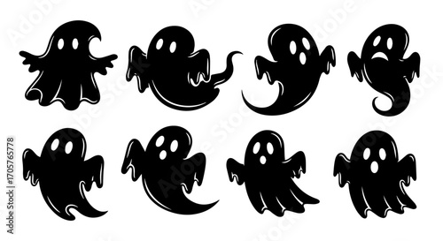 A collection of eight distinct, black ghost silhouettes showcases a range of spooky and playful expressions in a clean, graphic style.