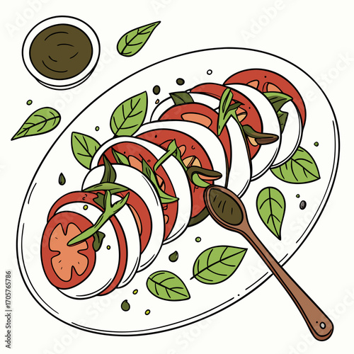 Fresh Caprese salad with vibrant basil and ripe tomatoes, artfully arranged for a delicious culinary experience.