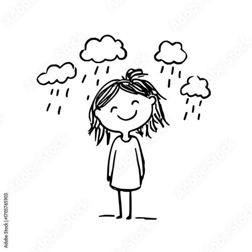 Illustration of a smiling girl standing under raining clouds in a simple black and white drawing style