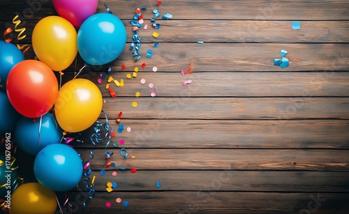 Colorful Balloons and Confetti Scattered on a Wooden Table for a Vibrant Cele...