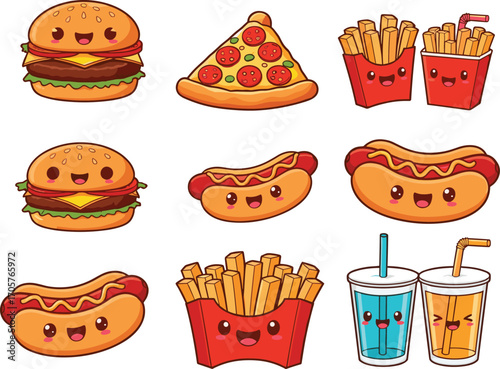 Cute cartoon fast food set with happy burgers, pizza slice, hot dogs, fries, and colorful soda cups with smiling faces.
