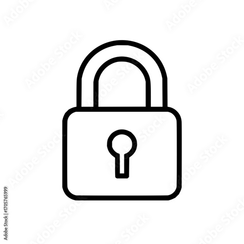 Outline drawing of a standard padlock with a shackle and keyhole on a white background security icon