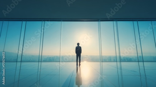 A solitary figure stands in a vast room with floor to ceiling windows showcasing a sprawling cityscape under a clear sun