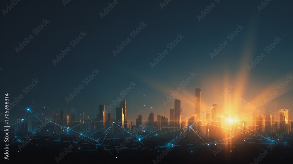 Sunshine in the Smart digital Innovation city with connection network reciprocity over the cityscape. of future smart wireless digital city and social media networking systems that connects Sunshine in the Smart digital Innovation city with connection network reciprocity over the cityscape. of future smart wireless digital city and social media networking systems that connects