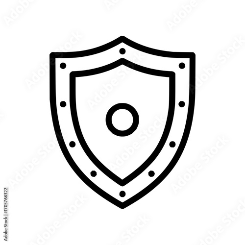 Illustration of a simple shield with a circle in the center and dots around the border in black outline