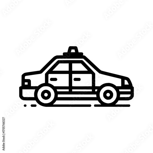 Side view of a black and white taxi cab with a roof light and visible wheels in a simple line drawing
