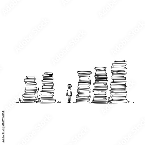 A simple sketch of a person standing before stacks of books of varying heights on a white background