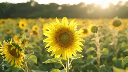 Sunflowers in a field, bathed in golden sunlight, showcasing vibrant yellow petals.