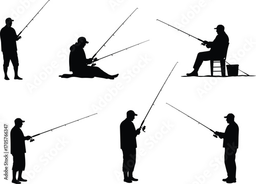Vector illustration of six fishing silhouettes in different poses, men fishing with rods standing, sitting, casting, and relaxing on white background.