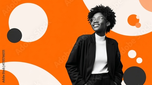 A confident professional woman with an afro hairstyle smiles warmly while standing against a vibrant orange and white bu
