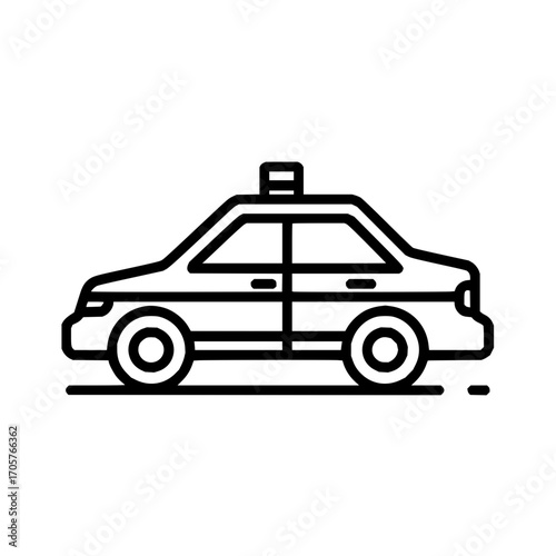 A simple line drawing of a police car with a light bar on top and two visible wheels in black outline