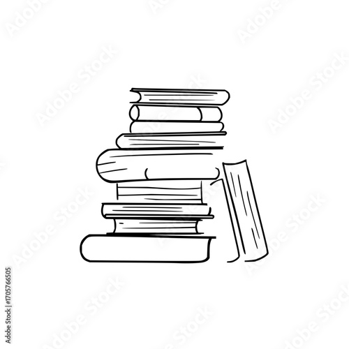 Illustration of a stack of books with one book standing next to it in black and white outline style