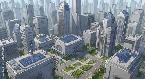 Futuristic Cityscape A Modern Metropolis with Green Spaces and Solar Panels