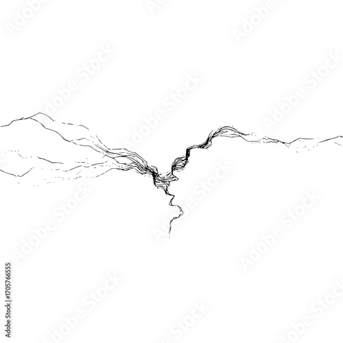 Abstract representation of diverging and converging lines in a monochrome drawing style art piece