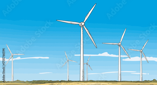 Wind Turbines Generating Renewable Energy on a Bright Sunny Day