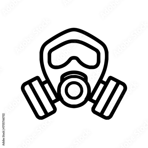 Illustration of a gas mask with eye protection and filter cartridges for respiratory safety equipment
