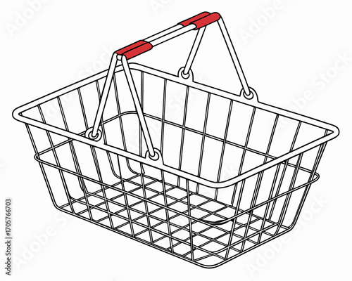 Wire shopping basket with red handles isolated on white perfect for grocery shopping or retail product display needs